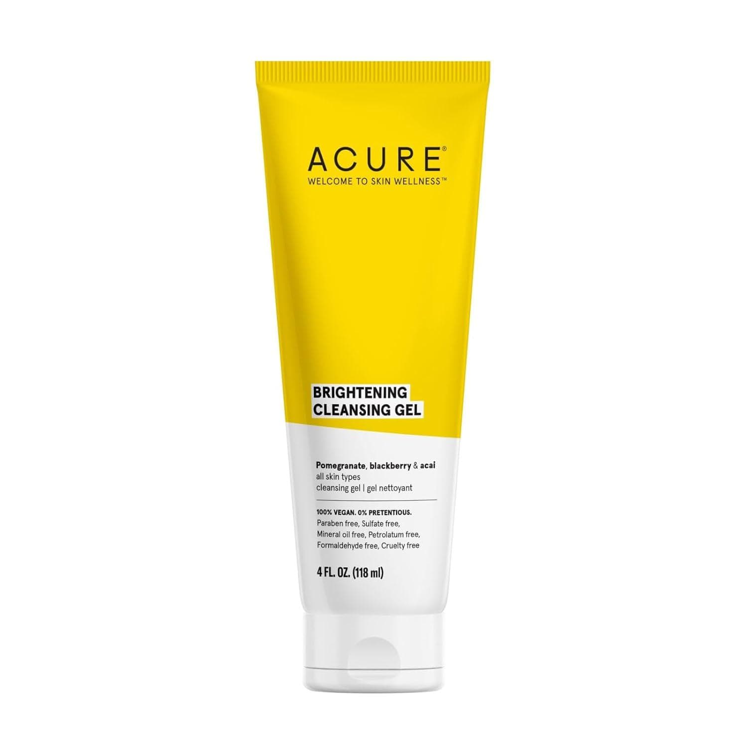 Acure Brightening Cleansing Gel – Vegan Cleanser for Radiant Skin – Pomegranate, Blackberry and Acai Infused – Antioxidant-Rich Gentle Formula for All Skin Types – 4 Fl Oz