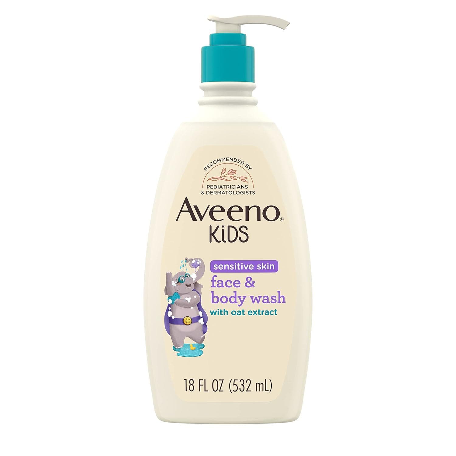 Aveeno Kids Sensitive Skin Face and Body Wash with Oat Extract, Gently Washes Away Dirt and Germs Without Drying, Tear-Free and Suitable for All Skin Tones, Hypoallergenic, 18 fl. Oz