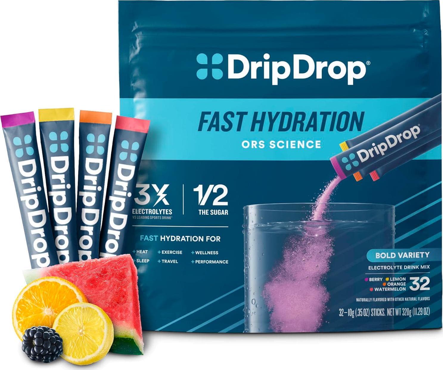 DripDrop Hydration – Bold Variety Pack – Watermelon, Berry, Lemon, Orange | Electrolyte Powder Drink Mix | Hydration Packets | Non-GMO, Gluten Free, Vegan | 1 Pack (32 Servings)