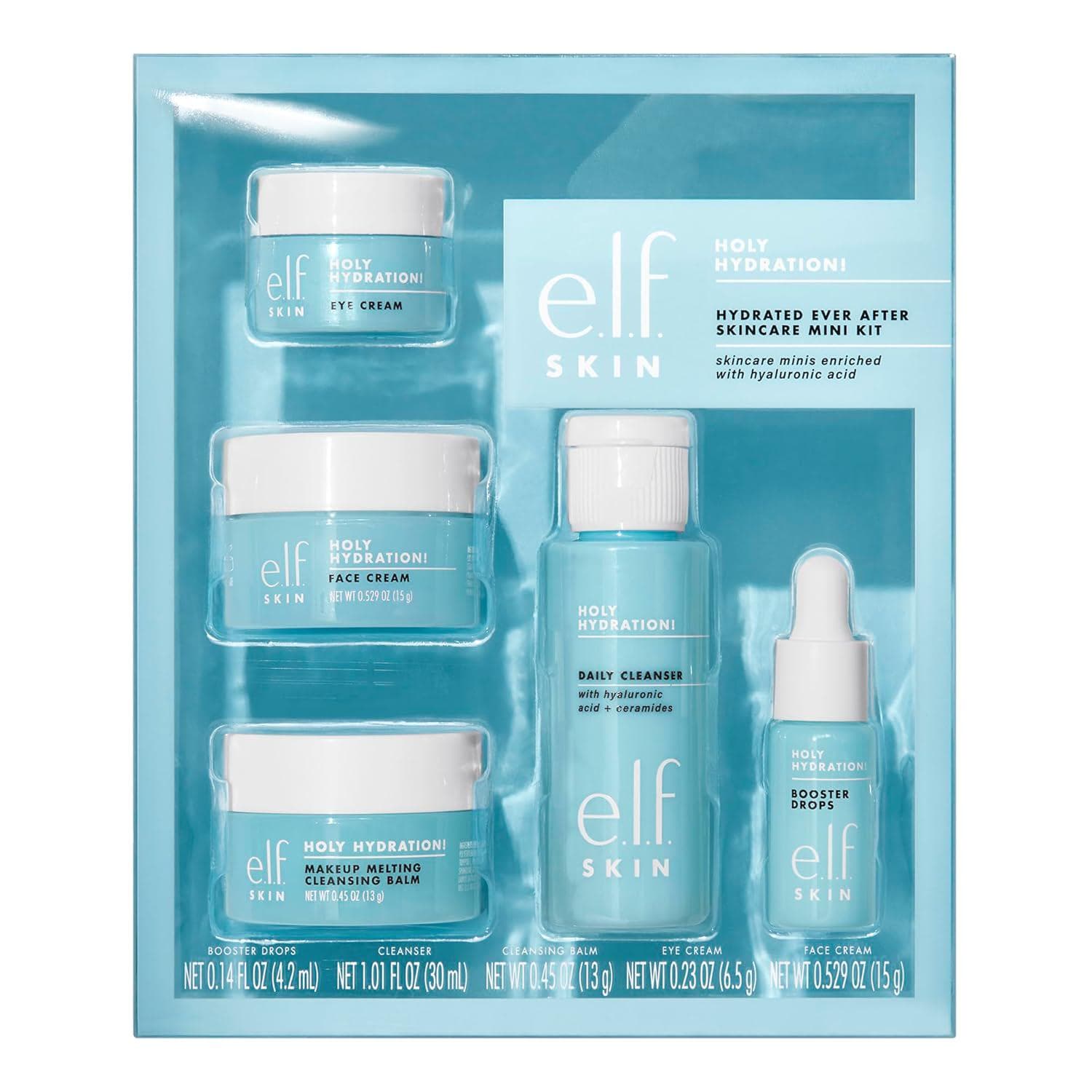 e.l.f. SKIN Holy Hydration! Hydrated Ever After Skincare Mini Kit, Cleanser, Makeup Remover, Moisturiser and Eye Cream For Hydrating Skin, Airplane-Friendly Sizes