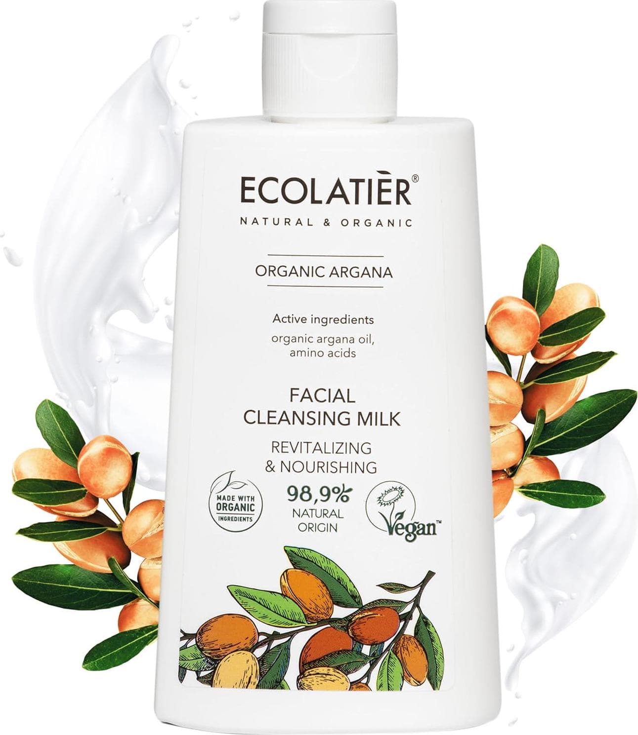 Facial Cleansing Milk Revitalizing and Nourishing Organic Argan Gentle Face Wash and Makeup Remover, Hydrating Facial Cleanser for Women and Men, 98.9% Natural, Vegan 8.5 Fl Oz