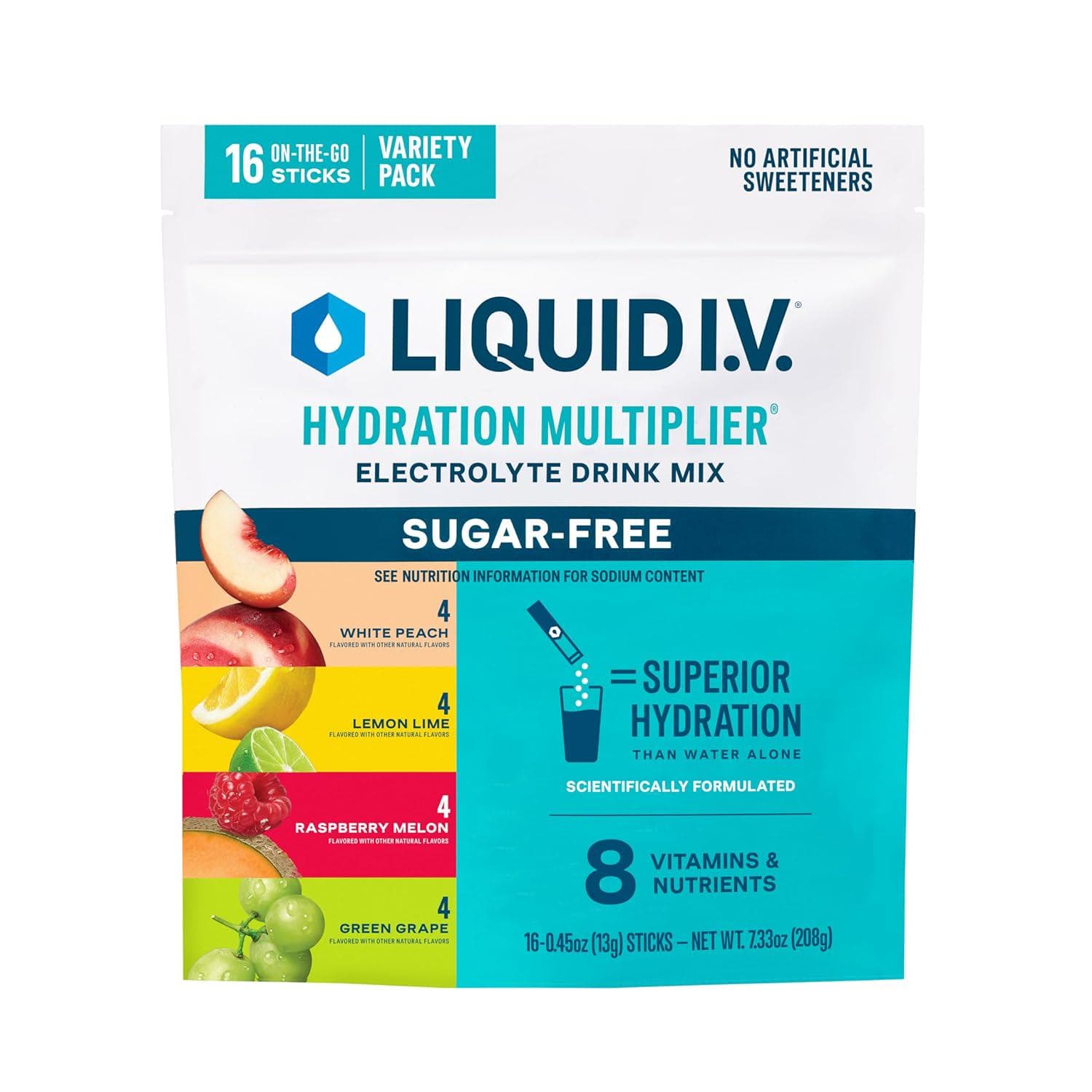 Liquid I.V. Hydration Multiplier Sugar-Free – Raspberry Melon, Lemon Lime, White Peach, Green Grape | Electrolyte Powder Drink Mix | 1 Pack (16 Servings)
