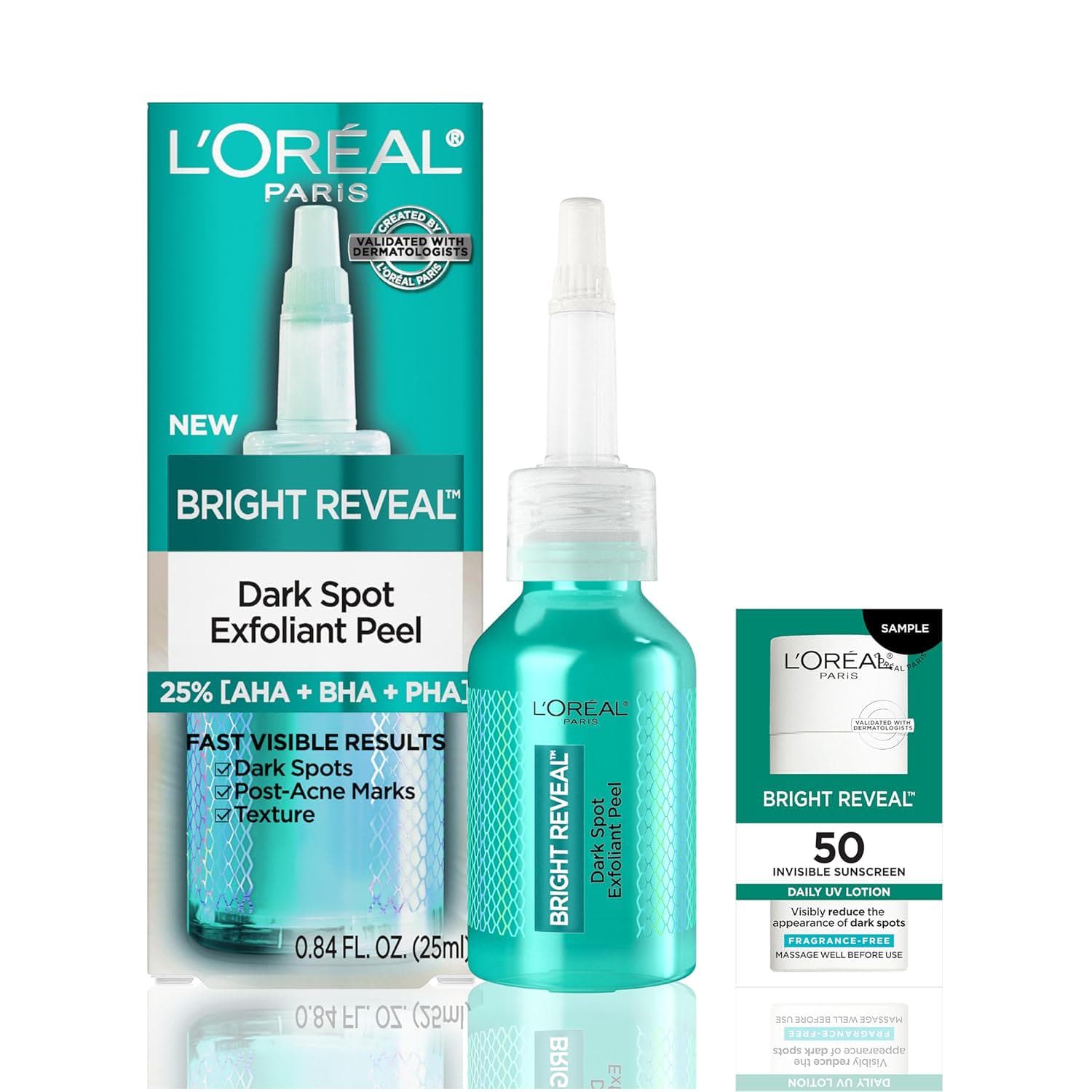 L’Oreal Paris Bright Reveal Dark Spot Exfoliant Peel, 25% AHA BHA PHA Face Exfoliator Solution, Gentle Skincare to Visibly Reduce Dark Spots and Renew Skin Texture, Includes SPF Lotion Sample