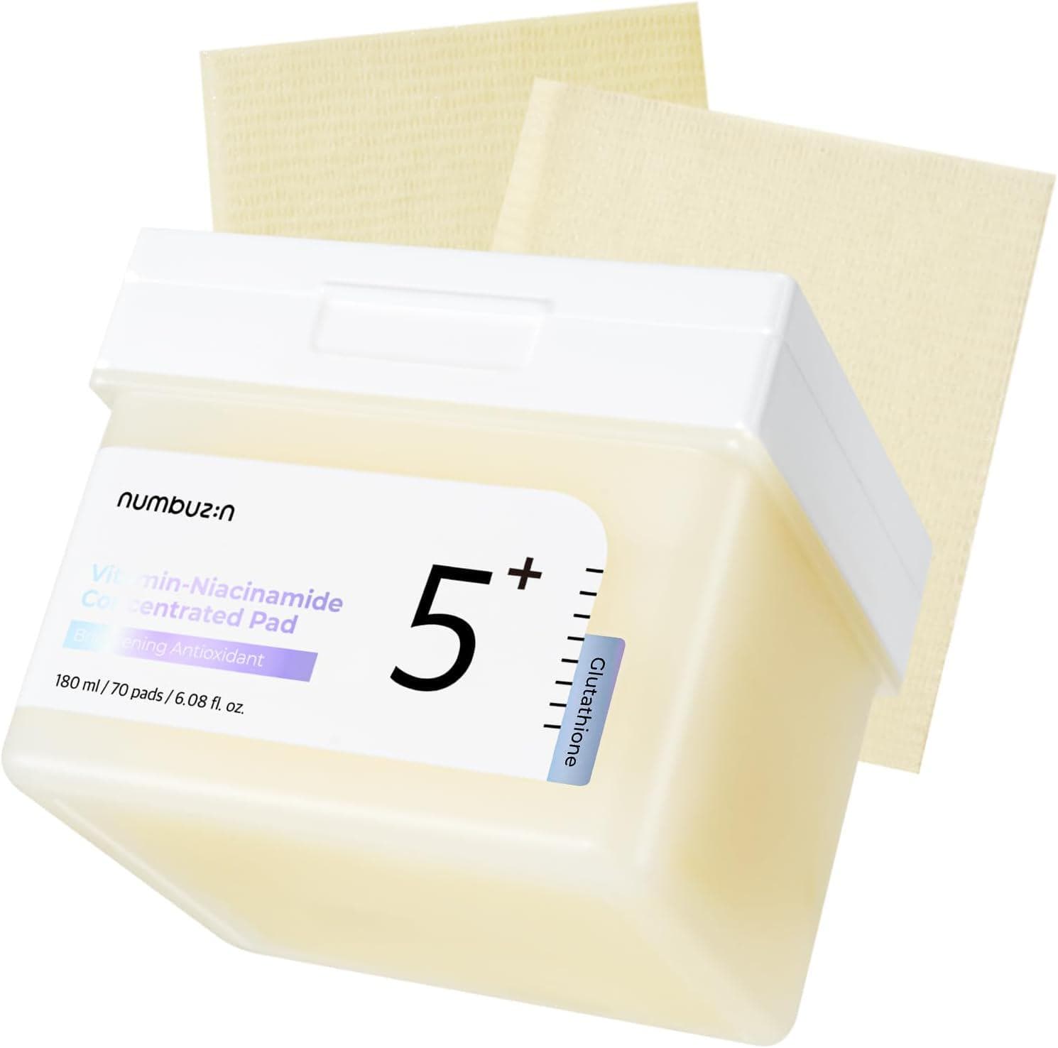 numbuzin No.5+ Vitamin-Niacinamide Concentrated pad | Double- Sided Pad with Glutathione, Niacinamide, PHA and LHA | Exfoliation, Dark Spot, Hyperpigmentation Care | 180ml/70 Pads/6.08 Fl Oz