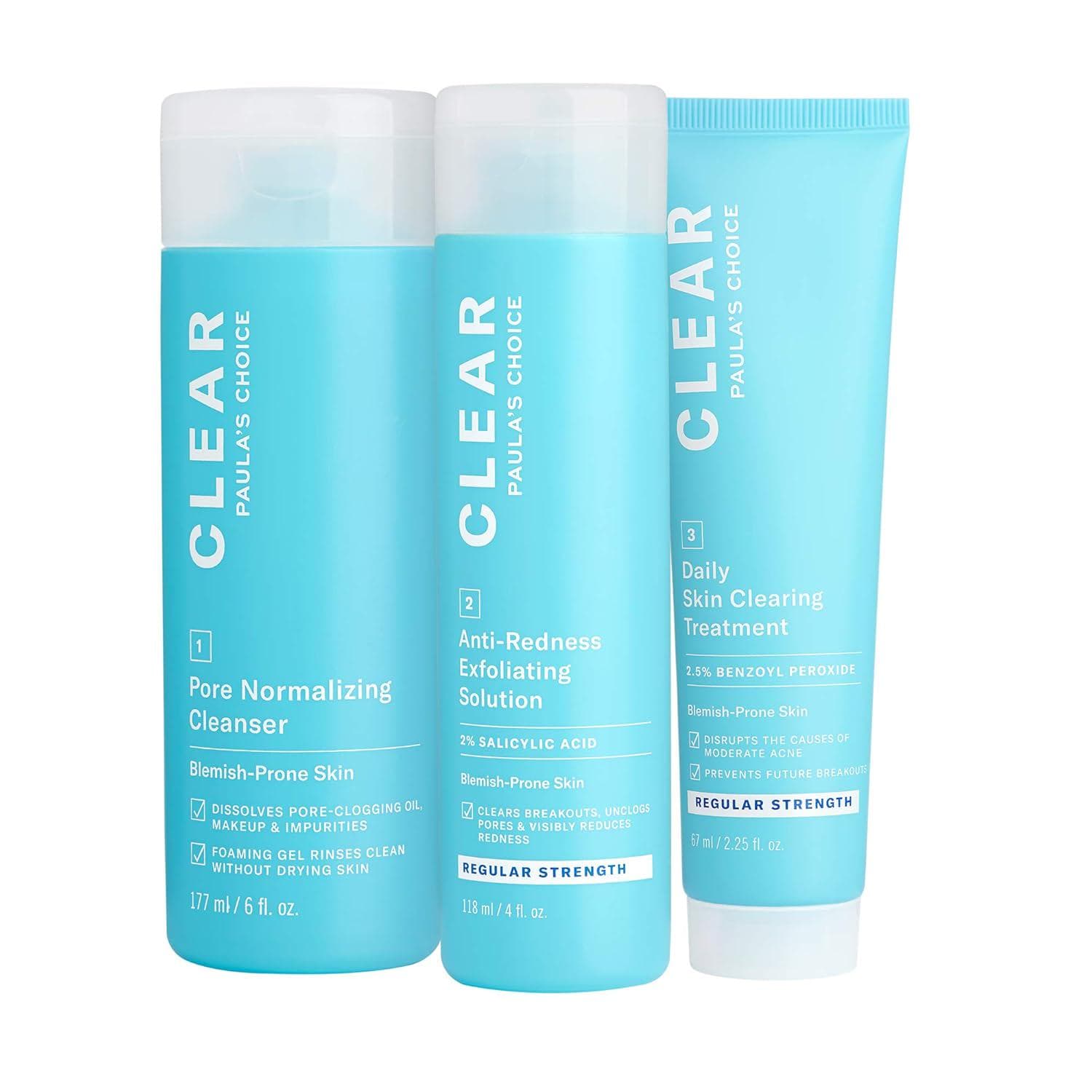 Paula’s Choice CLEAR 3-Piece Acne Kit, Includes Daily Cleanser, 2% Salicylic Acid Exfoliant and Benzoyl Peroxide Treatment, Prevents and Treats Mild to Severe Acne and Breakouts, Fragrance-Free, Set of 3