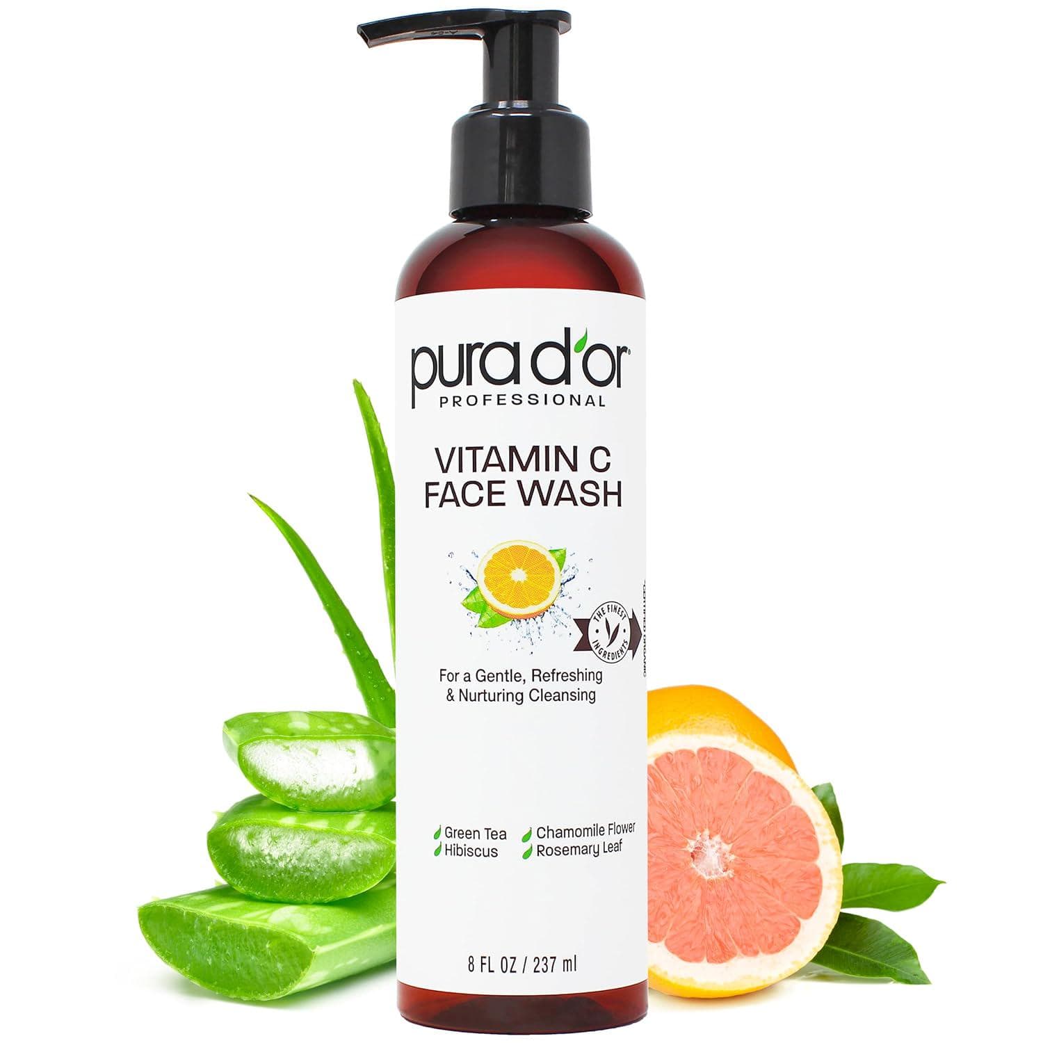 PURA D’OR 8 Oz Vitamin C Face Wash – Antioxidant Rich Brightening Facial Cleanser For Radiant Glow and Even Skin Tone – Gentle, Refreshing, Nurturing, Hydrating – Sulfate and Paraben Free – All Skin Types