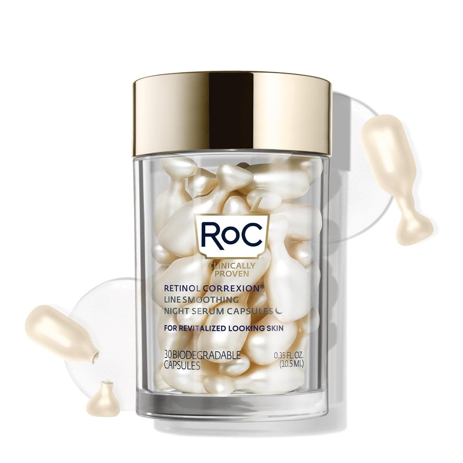 RoC Retinol Correxion Anti-Aging Wrinkle Night Serum, Daily Line Smoothing Skin Care, Fine Line and Post-Acne Scars Treatment, Stocking Stuffers for Men and Women, 30 Capsules, Unscented, 0.35 Fl Oz