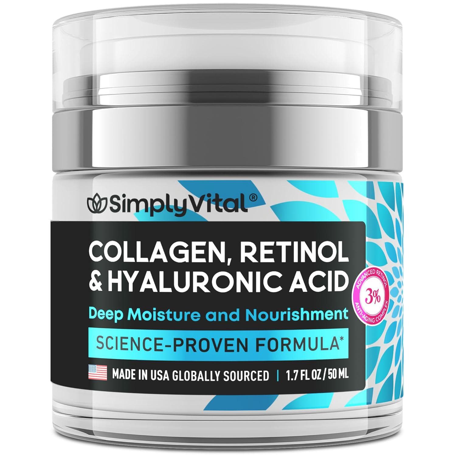 SimplyVital Collagen, Retinol and Hyaluronic Acid Cream – Anti-Aging Face Moisturizer for Face, Neck and Décolleté – Made in USA, Daily Moisturizer Face Cream – 1.7 fl.oz.