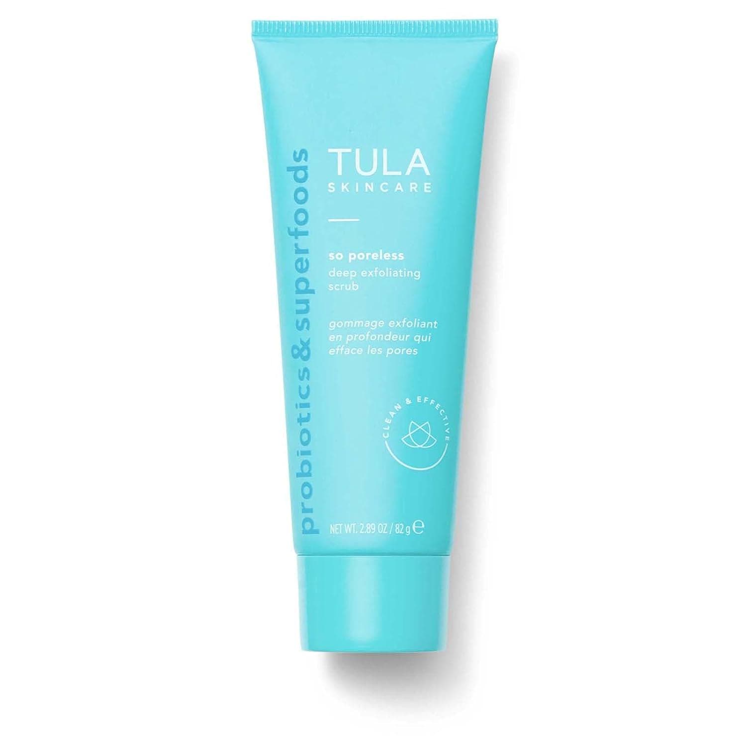 TULA Skin Care So Poreless Exfoliating Blackhead Scrub – Powerful and Gentle Exfoliation, Refreshing and Smoothing, Contains Probiotic Extracts, Volcanic Sand, Pink Salt, and Witch Hazel, 2.89 oz.